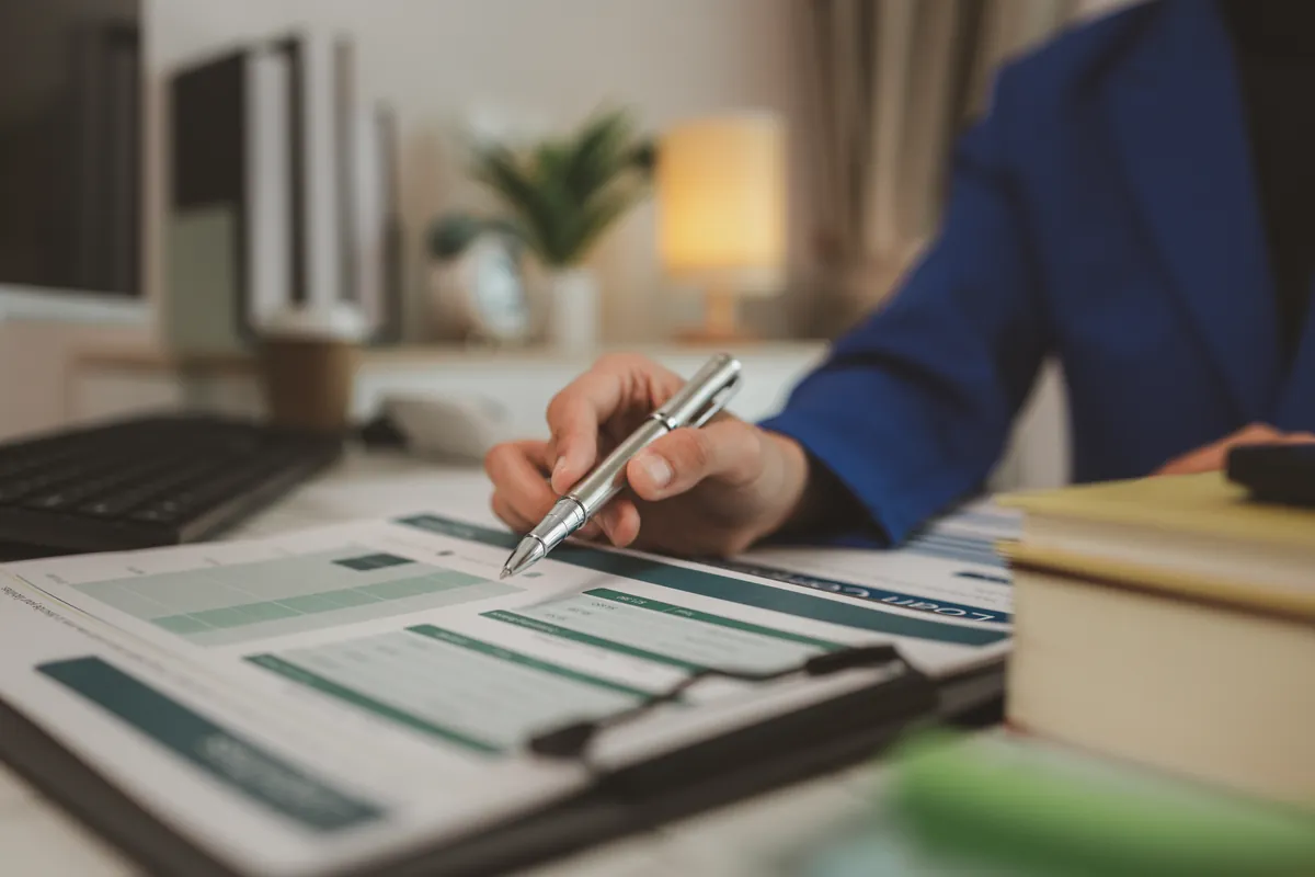 Main avec un stylo analysant des graphiques financiers