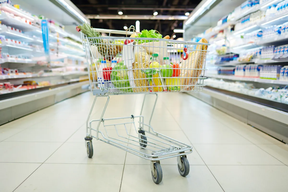 Chariot rempli de produits frais dans un rayon de supermarché